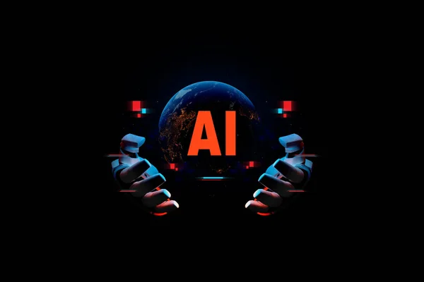 人工知能機械学習ビジネスインターネット技術の概念 暗い背景に手のロボットにおける人工知能の世界 3Dイラスト — ストック写真