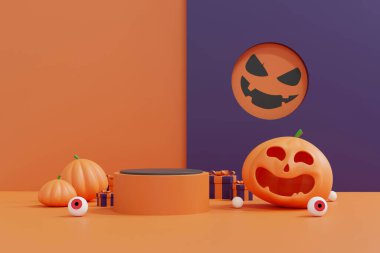 Gülümseyen Balkabağı 3 boyutlu Resim Festivali Ürün Gösterimi. Sonbahar Kutlaması. Jack-O-Lantern Cadılar Bayramı Partisi Kavramı