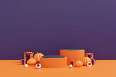 Gülümseyen Balkabağı 3 boyutlu Resim Festivali Ürün Gösterimi. Sonbahar Kutlaması. Jack-O-Lantern Cadılar Bayramı Partisi Kavramı