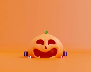 Gülümseyen Balkabağı 3 boyutlu Resim Festivali Ürün Gösterimi. Sonbahar Kutlaması. Jack-O-Lantern Cadılar Bayramı Partisi Kavramı