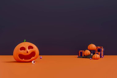 Gülümseyen Balkabağı 3 boyutlu Resim Festivali Ürün Gösterimi. Sonbahar Kutlaması. Jack-O-Lantern Cadılar Bayramı Partisi Kavramı