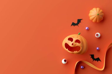 Gülümseyen Balkabağı 3 boyutlu Resim Festivali Ürün Gösterimi. Sonbahar Kutlaması. Jack-O-Lantern Cadılar Bayramı Partisi Kavramı