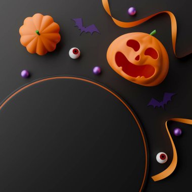 Gülümseyen Balkabağı 3 boyutlu Resim Festivali Ürün Gösterimi. Sonbahar Kutlaması. Jack-O-Lantern Cadılar Bayramı Partisi Kavramı