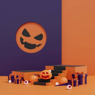 Gülümseyen Balkabağı 3 boyutlu Resim Festivali Ürün Gösterimi. Sonbahar Kutlaması. Jack-O-Lantern Cadılar Bayramı Partisi Kavramı