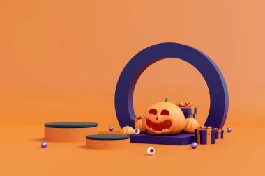 Gülümseyen Balkabağı 3 boyutlu Resim Festivali Ürün Gösterimi. Sonbahar Kutlaması. Jack-O-Lantern Cadılar Bayramı Partisi Kavramı