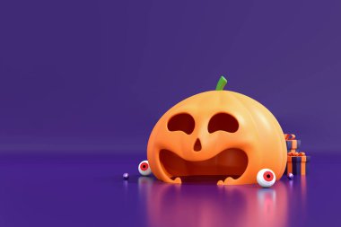 Gülümseyen Balkabağı 3 boyutlu Resim Festivali Ürün Gösterimi. Sonbahar Kutlaması. Jack-O-Lantern Cadılar Bayramı Partisi Kavramı