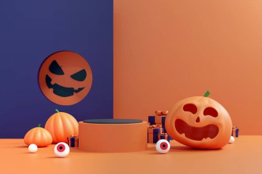 Gülümseyen Balkabağı 3 boyutlu Resim Festivali Ürün Gösterimi. Sonbahar Kutlaması. Jack-O-Lantern Cadılar Bayramı Partisi Kavramı