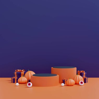 Gülümseyen Balkabağı 3 boyutlu Resim Festivali Ürün Gösterimi. Sonbahar Kutlaması. Jack-O-Lantern Cadılar Bayramı Partisi Kavramı