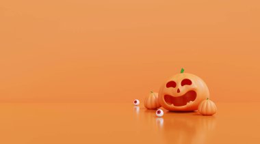 Gülümseyen Balkabağı 3 boyutlu Resim Festivali Ürün Gösterimi. Sonbahar Kutlaması. Jack-O-Lantern Cadılar Bayramı Partisi Kavramı