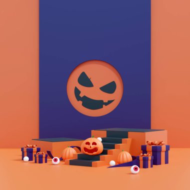 Gülümseyen Balkabağı 3 boyutlu Resim Festivali Ürün Gösterimi. Sonbahar Kutlaması. Jack-O-Lantern Cadılar Bayramı Partisi Kavramı