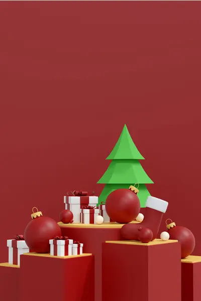 节日快乐的圣诞和新年背景 3D图片说明与复制空间的假日产品展示 展示化妆品的几何图形讲台形状 舞台基座或平台 — 图库照片
