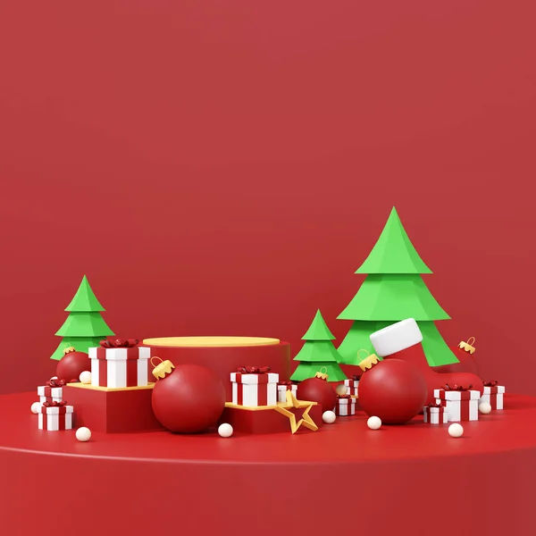 节日快乐的圣诞和新年背景 3D图片说明与复制空间的假日产品展示 展示化妆品的几何图形讲台形状 舞台基座或平台 — 图库照片