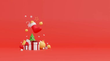 Mutlu Noeller ve Mutlu Yeni Yıl Arkaplanı - Tatil Ürünleri Sergisi için Kopya Alanı ile 3D Görüntü. Kozmetik ürün gösterimi için geometri podyumu şekli. sahne kaidesi veya platformu