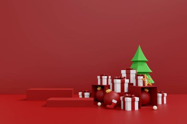 Mutlu Noeller ve Mutlu Yeni Yıl Arkaplanı - Tatil Ürünleri Sergisi için Kopya Alanı ile 3D Görüntü. Kozmetik ürün gösterimi için geometri podyumu şekli. sahne kaidesi veya platformu