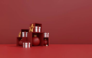 Mutlu Noeller ve Mutlu Yeni Yıl Arkaplanı - Tatil Ürünleri Sergisi için Kopya Alanı ile 3D Görüntü. Kozmetik ürün gösterimi için geometri podyumu şekli. sahne kaidesi veya platformu