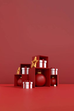 Mutlu Noeller ve Mutlu Yeni Yıl Arkaplanı - Tatil Ürünleri Sergisi için Kopya Alanı ile 3D Görüntü. Kozmetik ürün gösterimi için geometri podyumu şekli. sahne kaidesi veya platformu