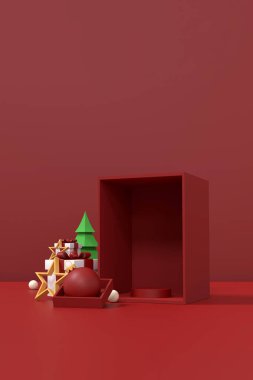 Mutlu Noeller ve Mutlu Yeni Yıl Arkaplanı - Tatil Ürünleri Sergisi için Kopya Alanı ile 3D Görüntü. Kozmetik ürün gösterimi için geometri podyumu şekli. sahne kaidesi veya platformu