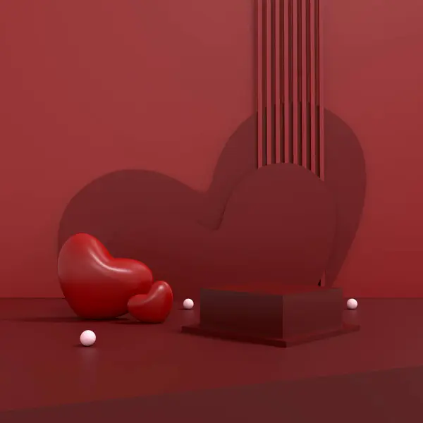 美しい3Dレンダリング バレンタインデーコンセプト ロマンチックな挨拶カード プロダクトおよび心 愛および感情のディスプレイデザイン — ストック写真