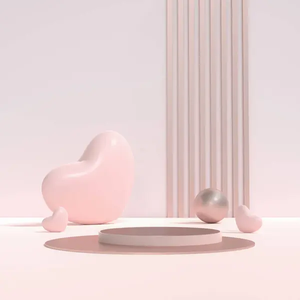 美しい3Dレンダリングのバレンタインデーコンセプトロマンチックなグリーティングカード プロダクトとポディウムディスプレイデザイン ハート — ストック写真