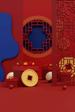Happy chinese new year 2024 the dragon zodiac sign with red and gold charm, Symbolizing prosperity and richness. Luxurious 3D illustrations for festive greeting cards and podium displays