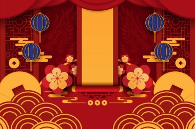 Mutlu Çin Yeni Yılı 2024. Ejderha burcu kırmızı ve altın tılsımı ile zenginliği ve refahı simgeliyor. Kutlama kartları ve pankart tasarımı için pankart 