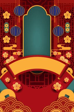 Mutlu Çin Yeni Yılı 2024. Ejderha burcu kırmızı ve altın tılsımı ile zenginliği ve refahı simgeliyor. Kutlama kartları ve pankart tasarımı için pankart 