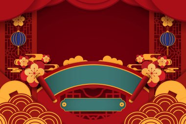 Mutlu Çin Yeni Yılı 2024. Ejderha burcu kırmızı ve altın tılsımı ile zenginliği ve refahı simgeliyor. Kutlama kartları ve pankart tasarımı için pankart 