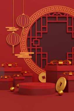 Happy chinese new year 2024 the dragon zodiac sign with red and gold charm, Symbolizing prosperity and richness. Luxurious 3D illustrations for festive greeting cards and podium displays