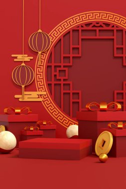 Happy chinese new year 2024 the dragon zodiac sign with red and gold charm, Symbolizing prosperity and richness. Luxurious 3D illustrations for festive greeting cards and podium displays