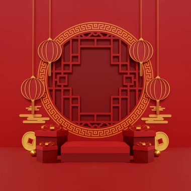 Happy chinese new year 2024 the dragon zodiac sign with red and gold charm, Symbolizing prosperity and richness. Luxurious 3D illustrations for festive greeting cards and podium displays
