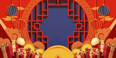 Happy chinese new year 2024 the dragon zodiac sign with red and gold charm, Symbolizing prosperity and richness. Luxurious 3D illustrations for festive greeting cards and podium displays