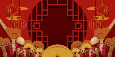 Happy chinese new year 2024 the dragon zodiac sign with red and gold charm, Symbolizing prosperity and richness. Luxurious 3D illustrations for festive greeting cards and podium displays