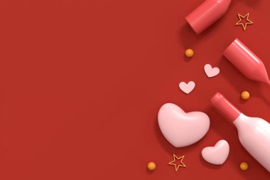 Sevgililer Günü 'nün Üç Boyutlu Güzel Tasviri Kırmızı Arkaplanda Şampanya Gözlüğü ve Şeker Kalpli Romantik Tebrik Kartı. Geetings için Boşluklu Üst Görünüm. Düz Yat