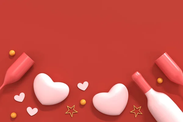 샴페인 안경과 빨간색 배경에 하트와 발렌타인 로맨틱 인사말 카드의 렌더링 — 스톡 사진