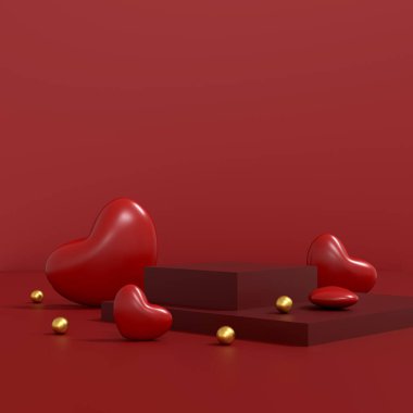 Sevgililer Günü 'nün Üç Boyutlu Güzel Tasviri Kırmızı Arkaplanda Şampanya Gözlüğü ve Şeker Kalpli Romantik Tebrik Kartı. Selamlarınız İçin Boşluklu Üst Görünüm. Düz Yat