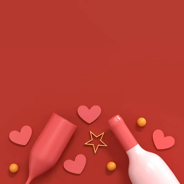 バレンタインデーの美しい3Dレンダリング 赤い背景にシャンパングラスとキャンディーハートとロマンチックな挨拶カードを概念します あなたの挨拶のためのスペースとのトップビュー フラットレイ — ストック写真