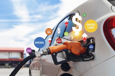 Navigating Oil Price Increases, Holographic Icons at Gas Stations Reflect Economic Shifts clipart