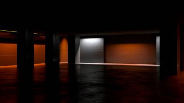 Minimalist koyu soyut iç tasarım. Yeraltı Stüdyosu, Koridor Otoparkı, Sığınak Sığınağı Bodrumu. 3B Görüntü