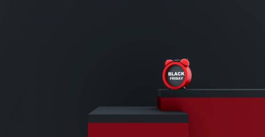Cesur beyaz metin ve modern kırmızı ve siyah bir kaidede kırmızı alarm saatinin yer aldığı minimalist bir tasarımı olan Kara Cuma satış promosyonu. 3B illüstrasyon