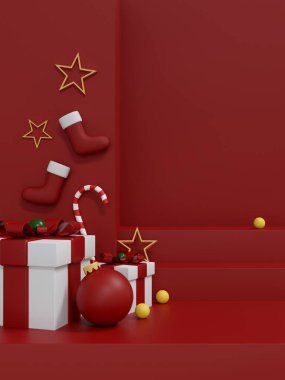 Kırmızı Podyum Arkaplanda Noel Hediyesi Kutuları ve Altın Yıldızlar, Minimalist Tatil Sahnesi. 3B Görüntü