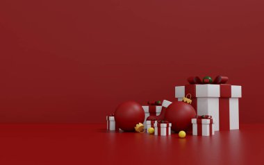 Kırmızı Podyum Arkaplanda Noel Hediyesi Kutuları ve Altın Yıldızlar, Minimalist Tatil Sahnesi. 3B Görüntü
