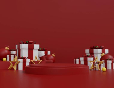 Kırmızı Podyum Arkaplanda Noel Hediyesi Kutuları ve Altın Yıldızlar, Minimalist Tatil Sahnesi. 3B Görüntü