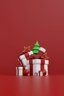 Noel hediyeleri ve şenlikli dekorasyonların yer aldığı minimalist kurulum, bayram pazarlama malzemeleri, mevsimlik promosyonlar, afişler, broşürler ve e-kartlar için ideal. 3B illüstrasyon