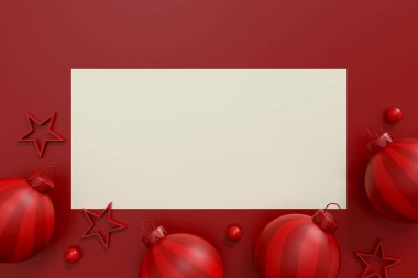 Temiz beyaz arka planda kırmızı süslemeler ve yıldızların olduğu modern ve zarif bir Noel tebrik kartı. Bayram kutlamaları ve tatil tasarımları için mükemmel. 3B illüstrasyon