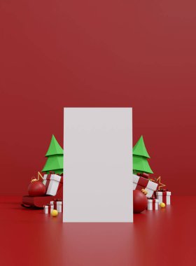 Kırmızı Podyum Arkaplanda Noel Hediyesi Kutuları ve Altın Yıldızlar, Minimalist Tatil Sahnesi. 3B Görüntü