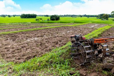 Kırsal alandaki geleneksel tarım ekipmanlarının çekici görüntüsü, tarımı, tarım yaşamını ve sürdürülebilir tarım uygulamalarını sembolize ediyor.