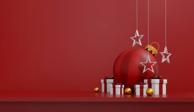 Noel hediyeleri ve şenlikli dekorasyonların yer aldığı minimalist kurulum, bayram pazarlama malzemeleri, mevsimlik promosyonlar, afişler, broşürler ve e-kartlar için ideal. 3B illüstrasyon