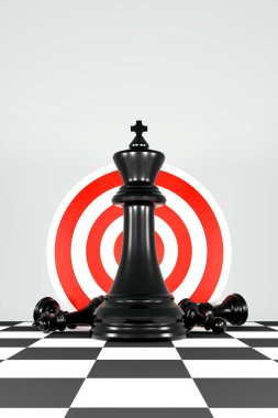 business and marketing strategy development concept. chess king with a bullseye target symbol and darts on checkered board, representing strategy, precision and goal achievement. 3D illustration clipart