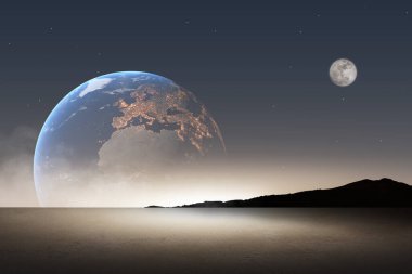 Dünya uzak gezegenlerin ufkunun üzerinde yükseliyor, Ay görünüyor ve sürreal bir kozmik atmosfer. Otomotiv endüstrisi, Bilim Kurgu ve Uzay İsteklerini Eşsiz Geleceğe Ait Arkaplanlar İçin İdeal