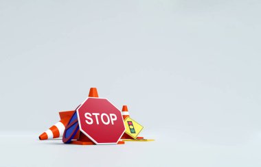 Trafik Sinyali. Yol Güvenliği ve Trafik Kuralı İhlalleri, Hukuk Bilinci ve Sürüş Eğitimi Malzemeleri. 3B illüstrasyon